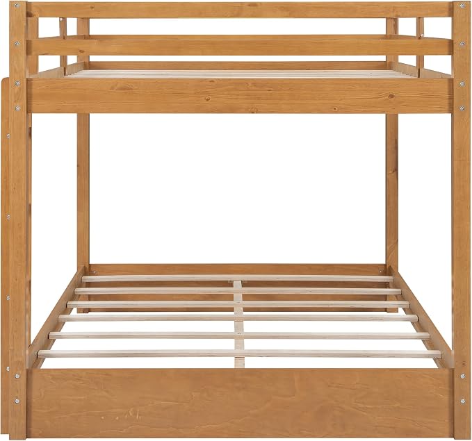 Merax Queen Size Bunk Bed - Solid Pine & MDF Frame, Heavy Duty 600lb Capacity, Space Saving Design with Safety Guard Rails & Ladder, No Box Spring Needed,Wood Color
