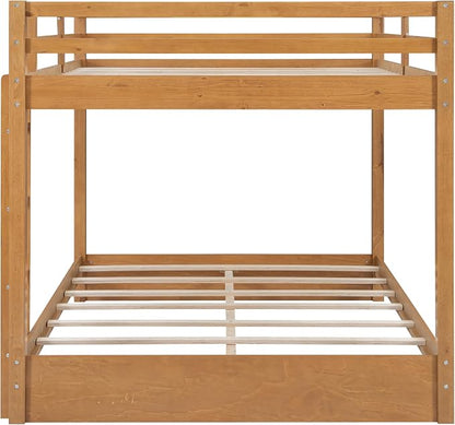 Merax Queen Size Bunk Bed - Solid Pine & MDF Frame, Heavy Duty 600lb Capacity, Space Saving Design with Safety Guard Rails & Ladder, No Box Spring Needed,Wood Color