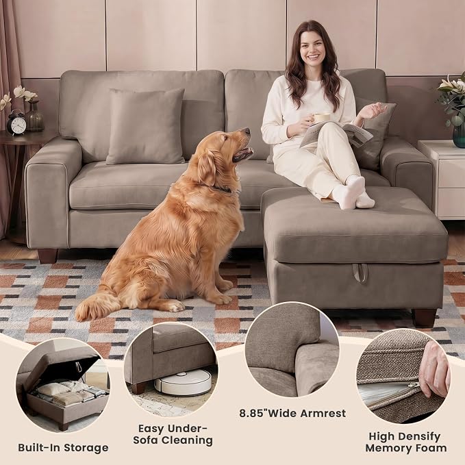 DOPEDIO L-Shaped Sectional Sofa with Storage Ottoman, Modern Chenille Recliner Loveseat, Removable Couch Covers, Pocket Spring Cushions, Solid Wood Frame, Easy to Install (71.25inch, Brown)