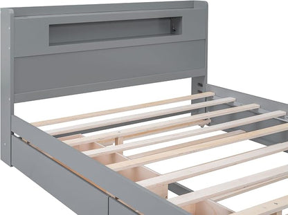 GDFStudio Queen Size Storage Bed with LED Headboard, 2 Drawers and Twin Trundle, Modern Wooden Platform Bed Frame for Bedroom Organization, No Box Spring Needed, Easy Assembly, Gray