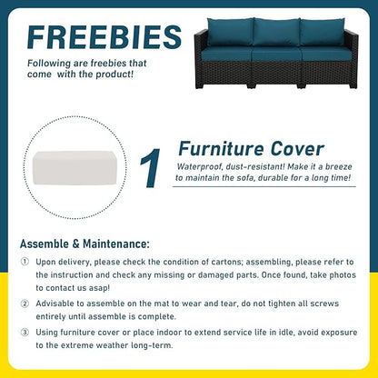 Rattan Star Outdoor Furniture Couch 3 Seater Sofa Outdoor Wicker Sofa Deep Seat High Backrest Patio Couch with Non-Slip Cushions Waterproof Cover, Peacock Blue