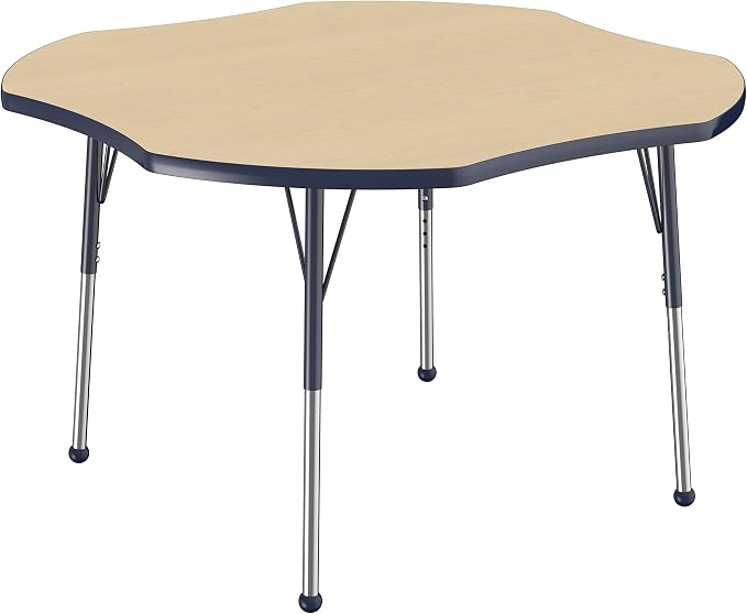 FDP Clover Activity School and Office Table (48 x 48 inch), Standard Legs with Ball Glides for Collaborative Seating Environments, Adjustable Height 19-30 inches - Maple Top and Navy Edge