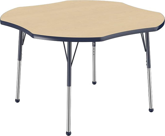 FDP Clover Activity School and Office Table (48 x 48 inch), Standard Legs with Ball Glides for Collaborative Seating Environments, Adjustable Height 19-30 inches - Maple Top and Navy Edge