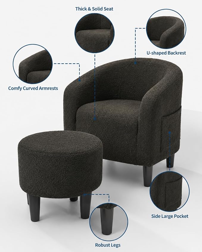 GarveeHome Accent Chair with Ottoman, Boucle Barrel Armchair, Modern Club Chair with Stool for Bedroom Reading Room, Stylish Corner Chair, Black