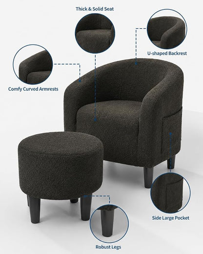 GarveeHome Accent Chair with Ottoman, Boucle Barrel Armchair, Modern Club Chair with Stool for Bedroom Reading Room, Stylish Corner Chair, Black