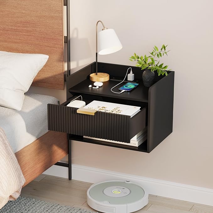 Arbuxzuy Floating Nightstand Set of 2, Wall Mounted Nightstand with Charging Station, Floating Bedside Table with Drawer, Minimalist Wooden Floating Night Stand for Bedroom (Black)