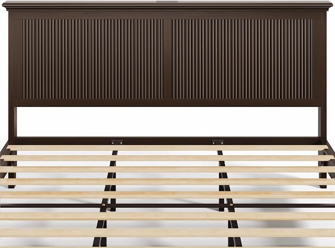 Lifezone King Bed Frame with Headboard, Solid Wood Bed Frame King Size with Charging Station & RGB LED, Wood Slats Support, Noise-Free, Sturdy Structure, Easy Assembly, Walnut
