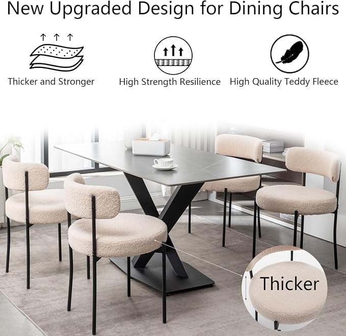Cinxzar Boucle Dining Chairs Set of 6, Upholstered Dining Room Chairs with Black Metal Legs, Modern Dining Chair for Dining Room, Kitchen (Beige)