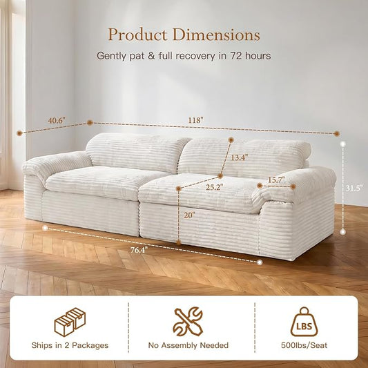 Vesgantti 118" Boneless Couches for Living Room, Modular Sectional Couch in Corduory | Memory Foam | No Assembly Required, Deep Seat Cloud Sofa for Apartment, Office (Beige)