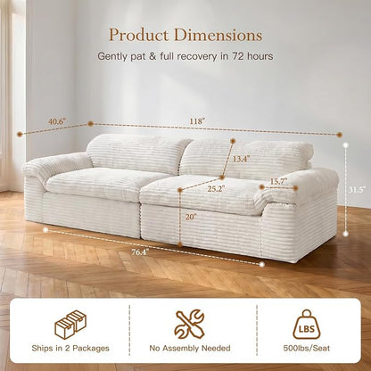 Vesgantti 118" Boneless Couches for Living Room, Cloud Sectional Couch & Deep Seat, 3 Seater Comfy Corduroy Modular Sofa, Modern Slouch Couch, No Assembly Required, White