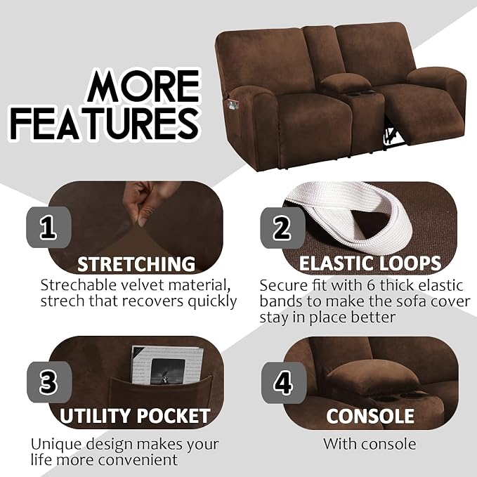 ULTICOR Reclining Love Seat with Middle Console Slipcover, 8-Piece Velvet Stretch 2 seat Loveseat Recliner Cover, Thick Soft, Washable (Chocolate)