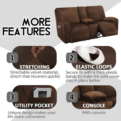 ULTICOR Reclining Love Seat with Middle Console Slipcover, 8-Piece Velvet Stretch 2 seat Loveseat Recliner Cover, Thick Soft, Washable (Chocolate)