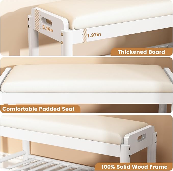 Entryway Shoe Storage Bench, 2-Tier Wood Shoe Rack with Cushion, Padded Seat Entryway Organizer with Shelf & Hidden Storage for Entry, Hallway, Living Room, Bedroom, Closet (White, 31.5")