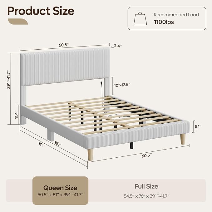 Bestier Queen Bed Frame with Headboard LED Lighting,Upholstered,Light Grey | LED Light Headboard,Easy Assembly,No Squeaks,Vertical Channel Corduroy Upholstered,Wood Slats Support,No Box Spring Needed