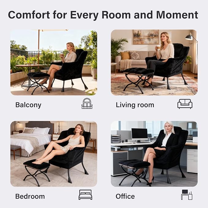 Lazy Chair with Ottoman, Modern Accent Chair Contemporary Lounge Leisure Sofa Chair with Armrests, Reading Chair and Folding Footstool Set for Living Room, Bedroom, Office, Velvet Black