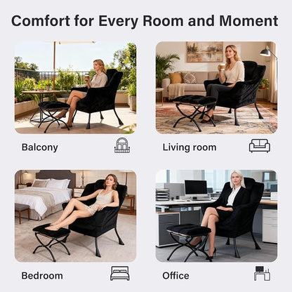 Lazy Chair with Ottoman, Modern Accent Chair Contemporary Lounge Leisure Sofa Chair with Armrests, Reading Chair and Folding Footstool Set for Living Room, Bedroom, Office, Velvet Black