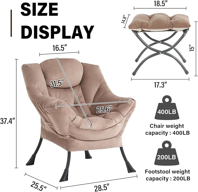 Lazy Chair with Ottoman, Modern Accent Chair Contemporary Sofa Chair with Armrests, Reading Chair and Folding Footstool Set for Living Room, Bedroom, Office, Khaki