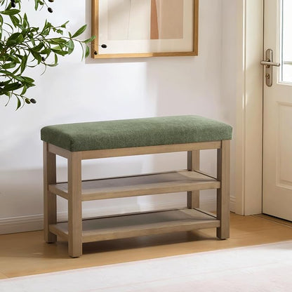 Zihanhome 2 Tier Shoe Rack Bench with Cushion, Solid Wood Shoe Benches, Mid-Century Modern Shoe Storage Bench for Entryway, Hallway, Living Room, Closet, Front Door Entrance, (Green, 31.5")