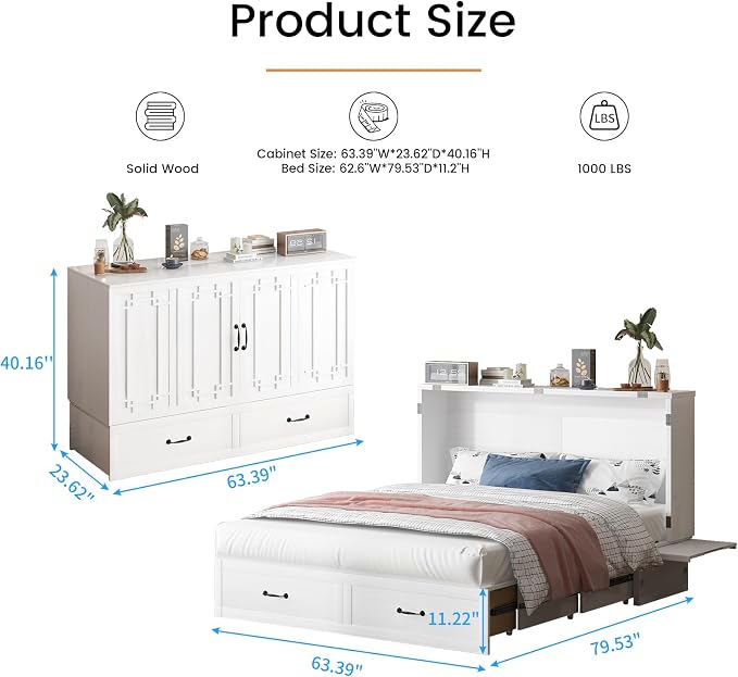 PUREMIND Queen Murphy Bed with Mattress Included, Murphy Cabinet Bed with Storage Drawer, Built-in Charging Station, Solid Wood Frame, Space-Saving Cabinet Beds for Small Spaces/Guest Room (White)