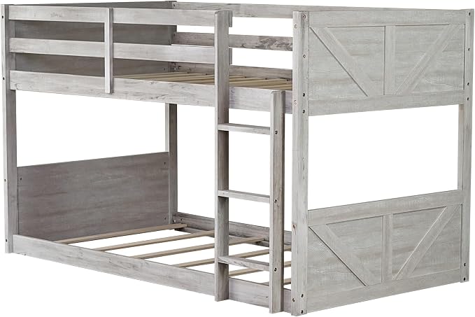 Twin Over Twin Floor Bunk Bed with Ladder,Rustic Rubber Wood Kids Beds with Panelled Headboard & Footboard,Safety Guardrails,Low-Profile Space-Saving Vintage Bunks for Children Bedroom,Antique White