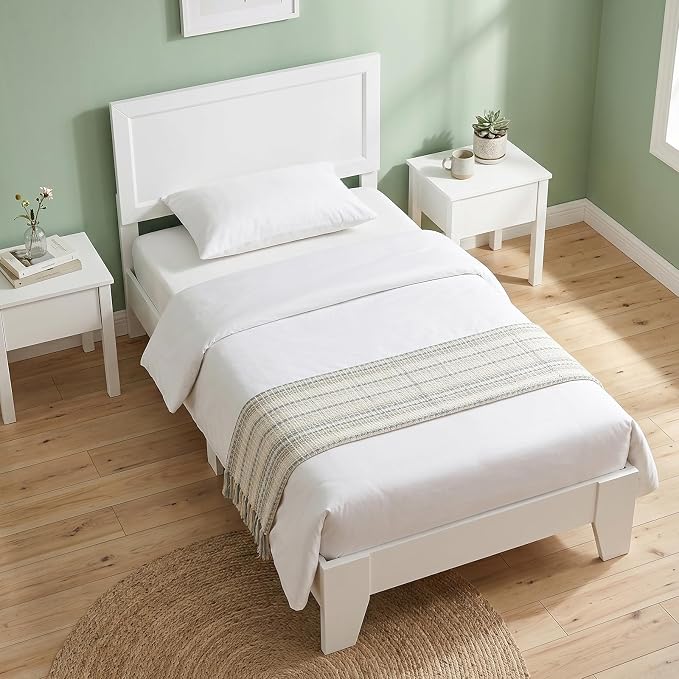 KOMFOTT Twin Size Bed Frame, Modern Platform Bed with Headboard, Wooden Slat Support Mattress Foundation, Under-Bed Storage Space, No Box Spring Needed (White,Twin)