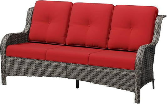 3 Seat Outdoor Couch, Wicker Patio Sofa with Thickened Olefin Cushions, High Back and Deep Seating, Hand-Woven PE Rattan for Porch, Deck, Balcony