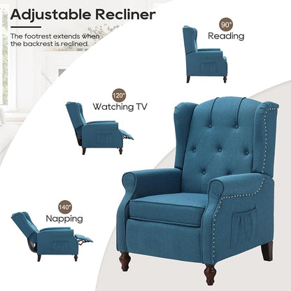 Wingback Recliner with Massage and Heat, Tufted Fabric Push Back Recliner Chair for Living Room, Vintage Wingback Chair with Remote Control, Small Recliners for Small Spaces