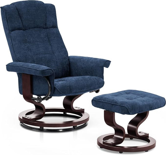 MCombo Manual Swivel Recliner with Ottoman, Chair Ottoman Set for RV Small Spaces, Living Room, Bedroom, Office 4919 (Chenille, Blue)