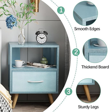 Aenuert Night Stand, Blue Kids Nightstand with Drawer, Nursery Side Table with Open Storage, 2-Tier Modern End Table, Bedside Table for Small Space, Living Room, Bedroom