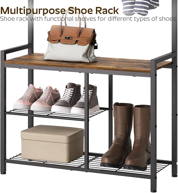 YATINEY Coat Rack Shoe Bench, 4-in-1 Hall Tree with Storage Shelves and Hanging Rod, Entryway Storage Organizer with 8 Movable Hooks, for Entryway, Hallway, Corridor, Rustic Brown and Black MT12BR