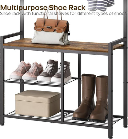 YATINEY Coat Rack Shoe Bench, 4-in-1 Hall Tree with Storage Shelves and Hanging Rod, Entryway Storage Organizer with 8 Movable Hooks, for Entryway, Hallway, Corridor, Rustic Brown and Black MT12BR