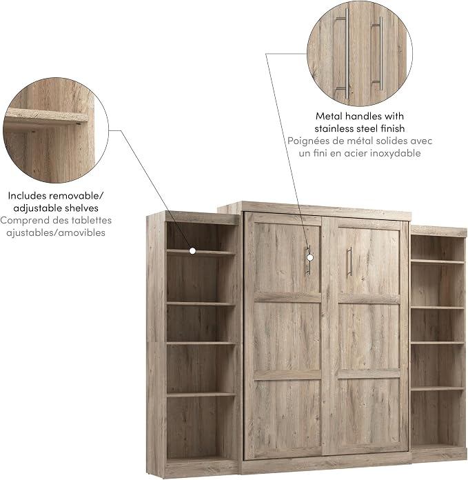 Bestar Pur Queen Murphy 2 Shelving Units, 115-inch Space-Saving Wall Bed with Storage, Rustic Brown