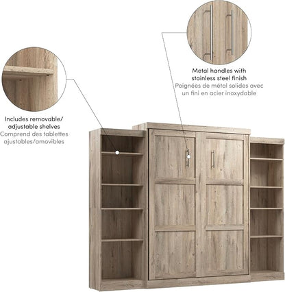 Bestar Pur Queen Murphy 2 Shelving Units, 115-inch Space-Saving Wall Bed with Storage, Rustic Brown