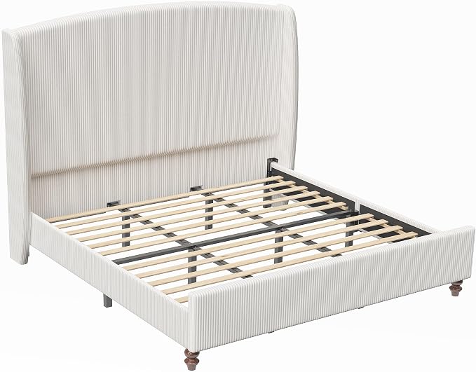 65.7" Tall Headboard California King Size Upholstered Bed Frame with Wingback, Soft Washable Corduroy Beds Cover, Solid Wood Legs, Noise-Free, No Box Spring Needed, Cream