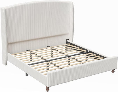 65.7" Tall Headboard California King Size Upholstered Bed Frame with Wingback, Soft Washable Corduroy Beds Cover, Solid Wood Legs, Noise-Free, No Box Spring Needed, Cream