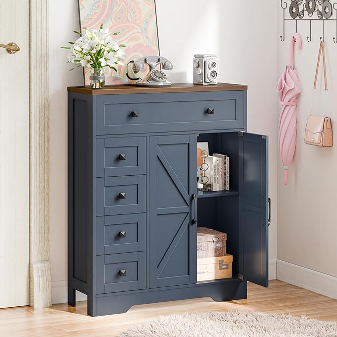 Vabches Farmhouse Storage Cabinet with 2 Doors and 5 Drawers, Freestanding Bathroom Cabinets Kitchen Pantry, Floor Storage Cabinet Hutch Cupboard for Living Room/Bathroom/Kitchen.Blue