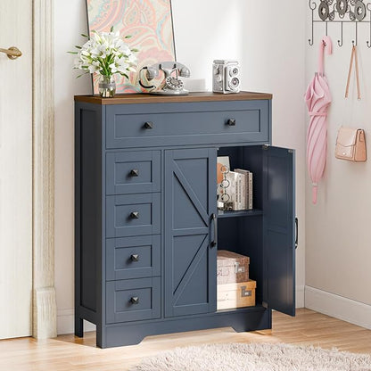 Vabches Farmhouse Storage Cabinet with 2 Doors and 5 Drawers, Freestanding Bathroom Cabinets Kitchen Pantry, Floor Storage Cabinet Hutch Cupboard for Living Room/Bathroom/Kitchen.Blue