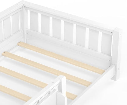 Bellemave Twin Floor Bed with high Rails and with Built-in Bookshelf for Kids, Girls, Boys, Wood Montessori Floor Bed Without Door, White