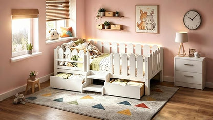 Bellemave Twin Size Platform Bed with Storage Drawers & Bookshelf for Boys Girls, Kids Twin Bed Frame with LED Lights & Stairs for Children's Room, White