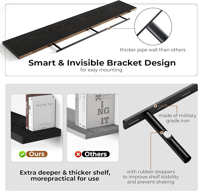 Fun Memories 72 Inch Floating Shelves for Wall, Fireplace Mantel Shelf with Invisible Heavy Duty Bracket, 8 Inch Deep Storage Shelf for Living Room, Kitchen, Farmhouse, Black (2-Pack)