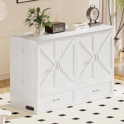 ijuicy Queen Murphy Cabinet Bed, Storage & Charge, No Mattress, White | Queen Murphy Bed Built-in multifunctional charging station & storage drawers, space-saving foldaway design for guest room.