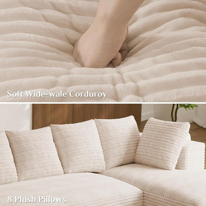 131" Oversized U Shaped Cloud Sectional Couches for Living Room, Comfy Fluffy Corduroy Beige Boneless Sectionals Couch, Plush Memory Foam Modular Sectional Sofa with Chaise- 19" Seat Height