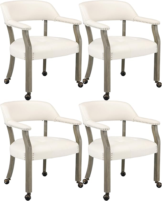 LEEMTORIG Set of 4 Large Dining Chairs with Casters and Arms, Rolling Dining Chairs with Wheels, Solid Wood Boss Caption's Chairs, 26" D x 25.2" W x 31.5" H, Grey Legs & Ivory SY-1318-WT