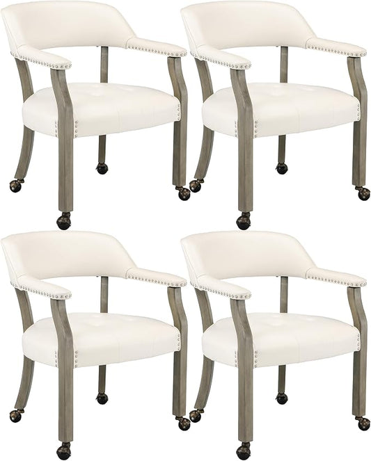 LEEMTORIG Set of 4 Large Dining Chairs with Casters and Arms, Rolling Dining Chairs with Wheels, Solid Wood Boss Caption's Chairs, 26" D x 25.2" W x 31.5" H, Grey Legs & Ivory SY-1318-WT