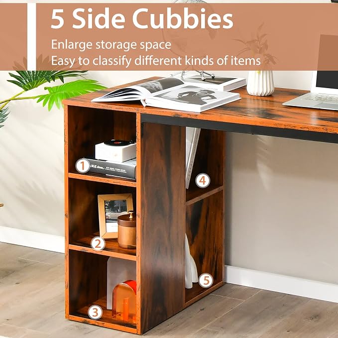Tangkula Computer Desk with Storage Shelves, Home Office Desk with 5 Side Shelves & Metal Frame, Space Saving Laptop PC Desk, Writing Study Desk, Modern Vanity Desk for Bedroom (Rustic Brown)
