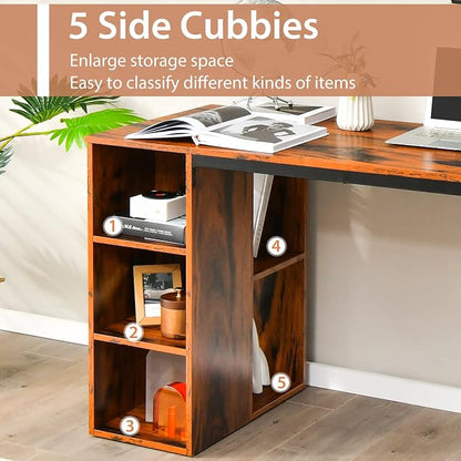 Tangkula Computer Desk with Storage Shelves, Home Office Desk with 5 Side Shelves & Metal Frame, Space Saving Laptop PC Desk, Writing Study Desk, Modern Vanity Desk for Bedroom (Rustic Brown)