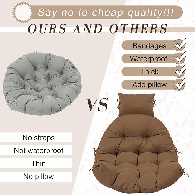 Tudomro Brown Waterproof Egg Chair Cushion with Pillow Filling 2.58 kg Replacement Rocking Wicker Chair Cushion 48" x 32" High Back Hanging Swing Hammock Pad Thicken for Outdoor Patio Garden