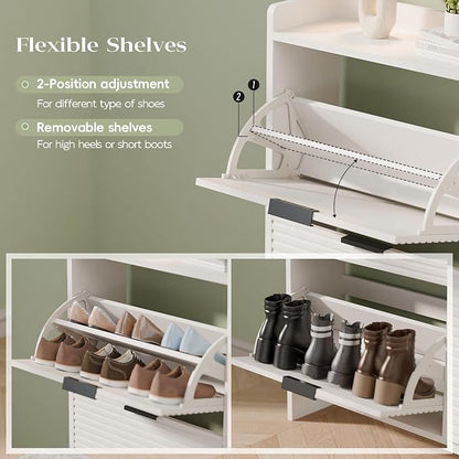 MU 46.5" W Fluted Shoe Storage Cabinet for Entryway, Shoe Cabinet with 4 Flip Drawers, Narrow Wood Shoe Rack Cabinet, Freestanding Hidden Shoe Organizer with Wooden Legs for Hallway, Entrance, White