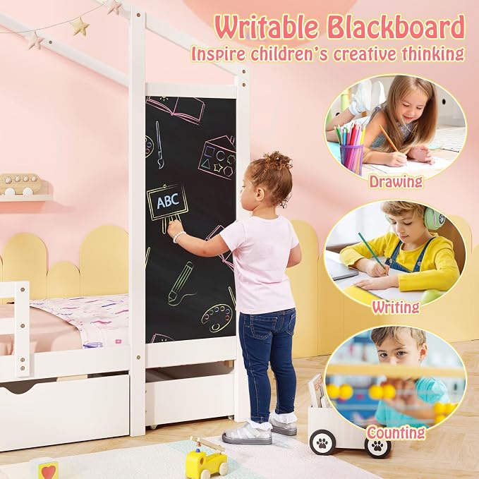 Giantex Twin Bed with 2 Storage Drawers, Solid Wood House Bed with Blackboard & Safety Guardrails, Twin House Bed w/Slats Support, No Box Spring Needed, Twin Bed Frames for Kids Girls Boys (White)
