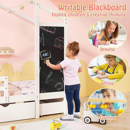 Giantex Twin Bed with 2 Storage Drawers, Solid Wood House Bed with Blackboard & Safety Guardrails, Twin House Bed w/Slats Support, No Box Spring Needed, Twin Bed Frames for Kids Girls Boys (White)